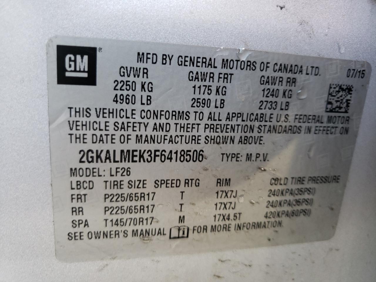 صورة رقم 10 من المزاد - 2015 GMC TERRAIN SL مع VIN 2GKALMEK3F6418506