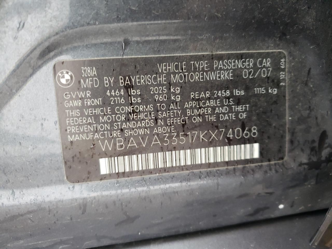 Photo 10 from auction – 2007 BMW 328 I with VIN WBAVA33517KX74068