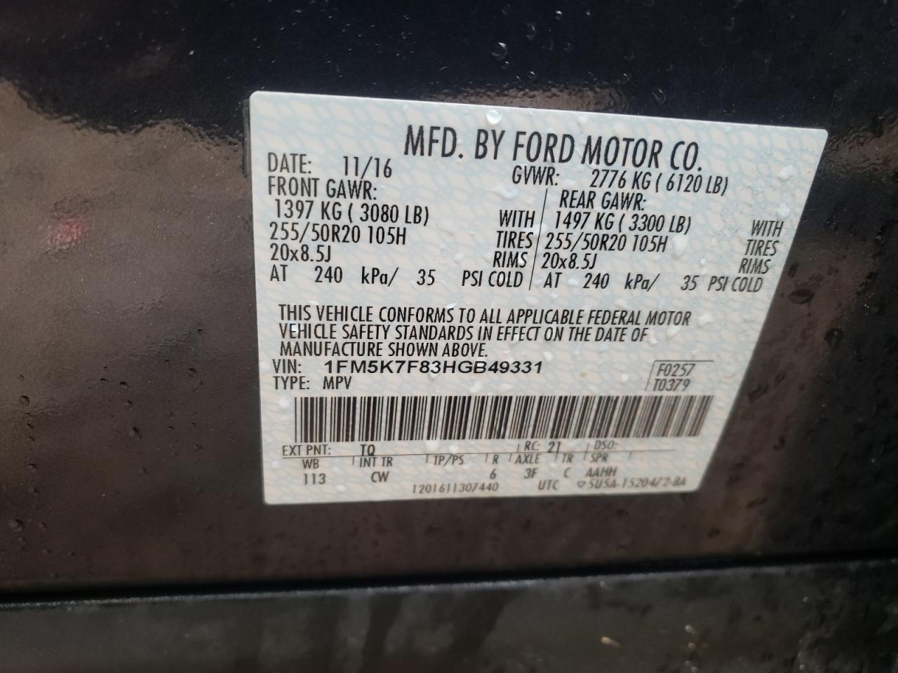 Photo 10 from auction – 2017 FORD EXPLORER L with VIN 1FM5K7F83HGB49331