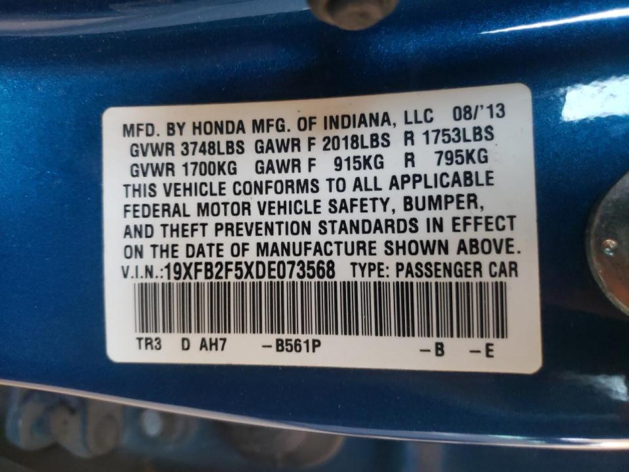 Photo 10 from auction – 2013 HONDA CIVIC LX with VIN 19XFB2F5XDE073568