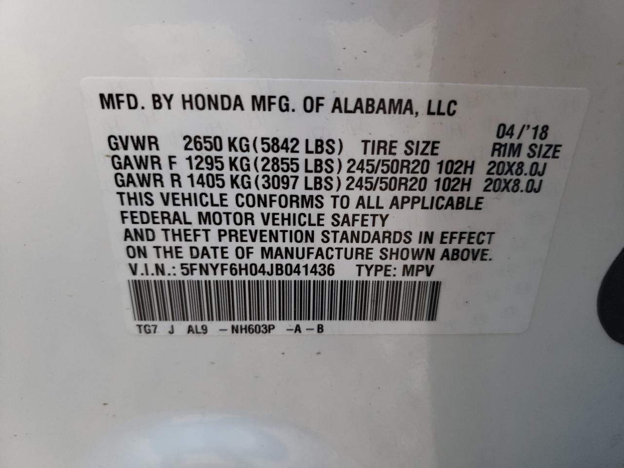 Photo 10 from auction – 2018 HONDA PILOT ELIT with VIN 5FNYF6H04JB041436