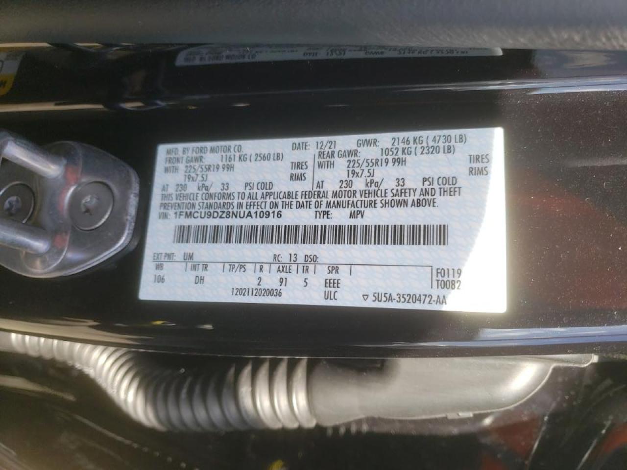 Photo 10 from auction – 2022 FORD ESCAPE TIT with VIN 1FMCU9DZ8NUA10916