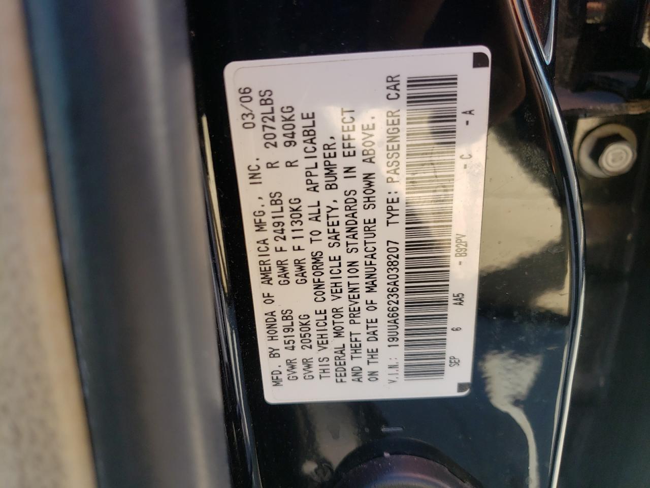 Photo 10 from auction – 2006 ACURA 3.2TL with VIN 19UUA66236A038207