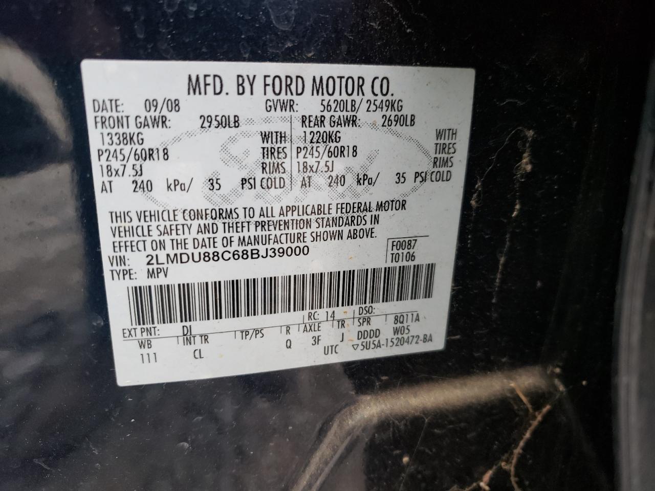 Photo 10 from auction – 2008 LINCOLN MKX with VIN 2LMDU88C68BJ39000
