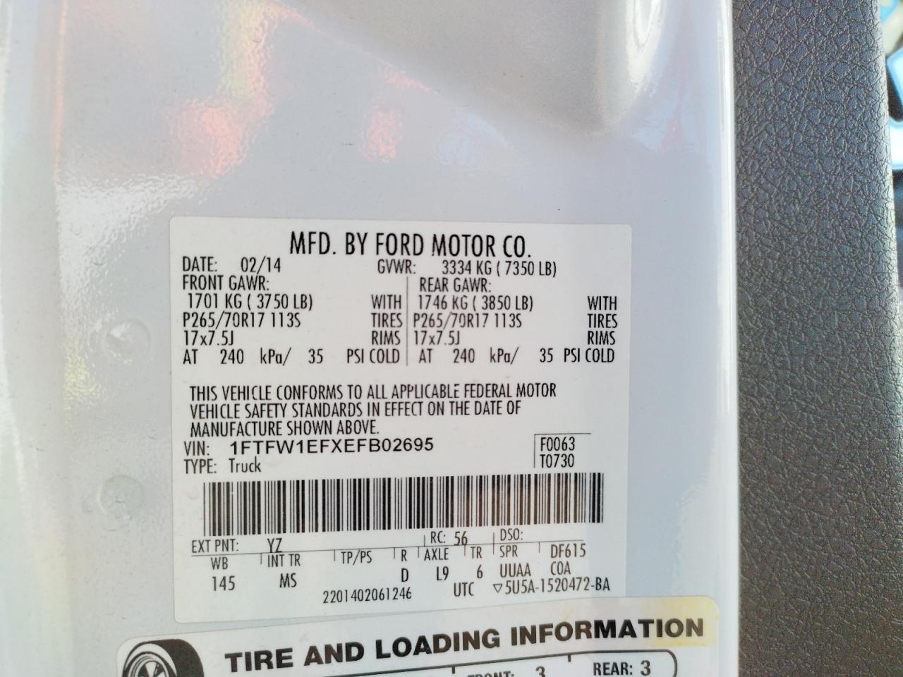 Photo 10 from auction – 2014 FORD F150 SUPER with VIN 1FTFW1EFXEFB02695