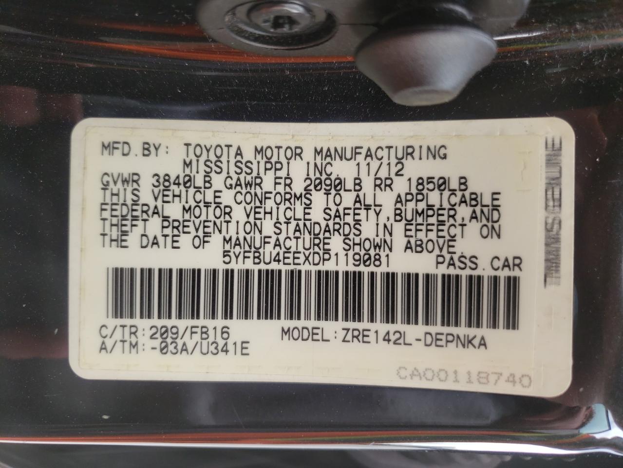 Photo 10 from auction – 2013 TOYOTA COROLLA BA with VIN 5YFBU4EEXDP119081