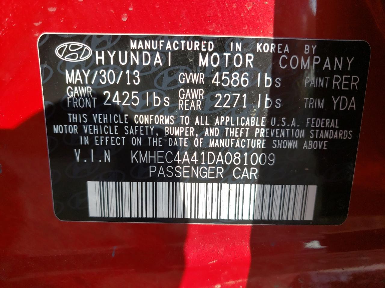 Photo 10 from auction – 2013 HYUNDAI SONATA HYB with VIN KMHEC4A41DA081009