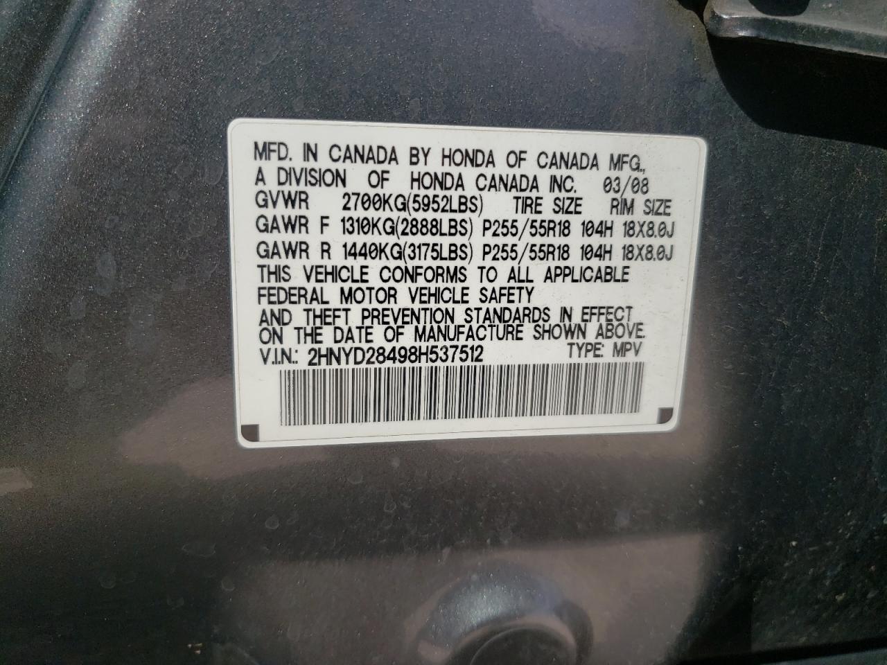 Photo 10 from auction – 2008 ACURA MDX TECHNO with VIN 2HNYD28498H537512