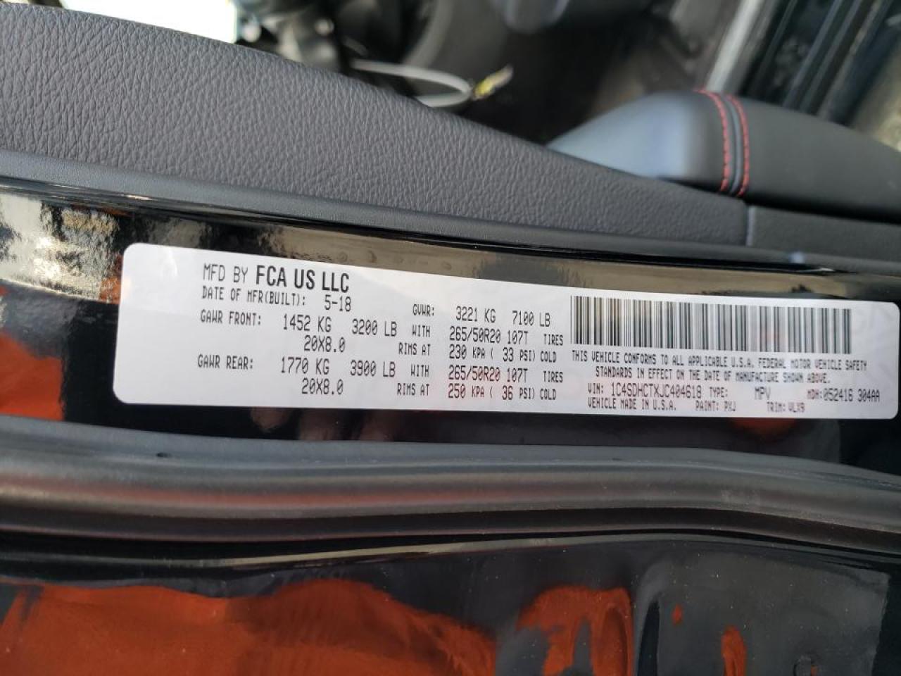 Photo 10 from auction – 2018 DODGE DURANGO R/ with VIN 1C4SDHCTXJC404618