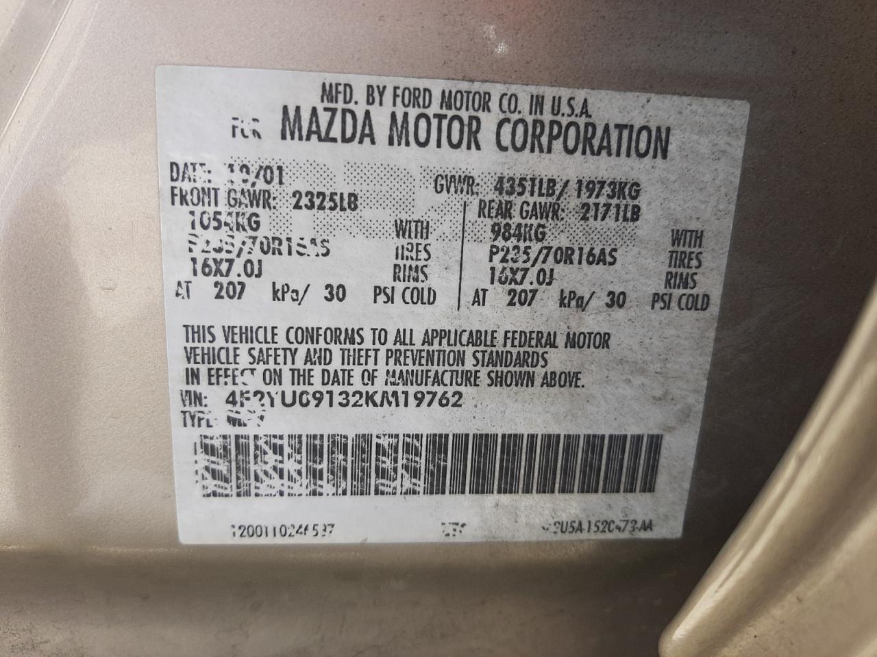 Photo 10 from auction – 2002 MAZDA TRIBUTE LX with VIN 4F2YU09132KM19762