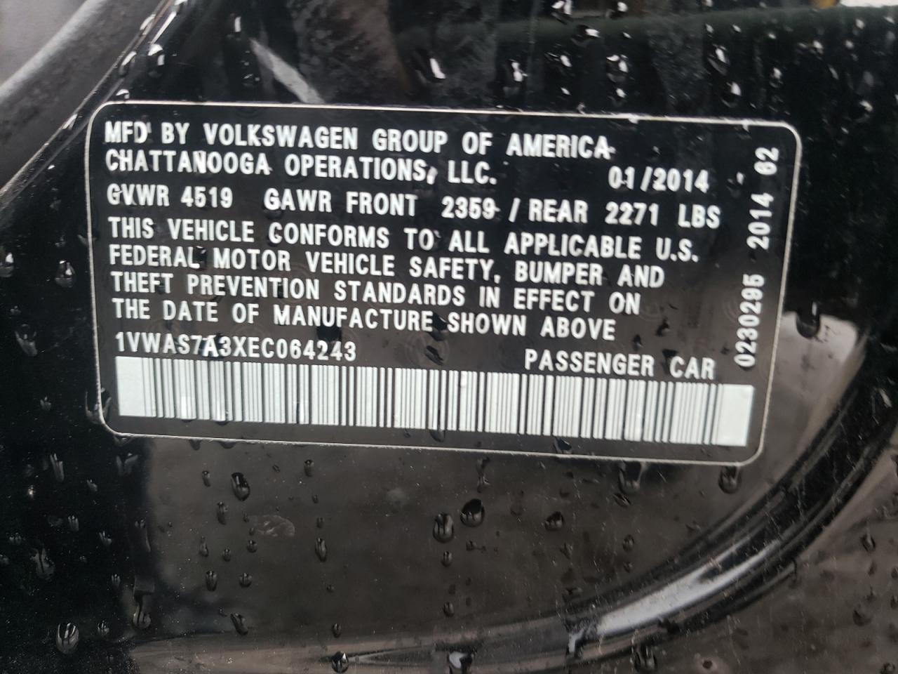 Photo 10 from auction – 2014 VOLKSWAGEN PASSAT S with VIN 1VWAS7A3XEC064243