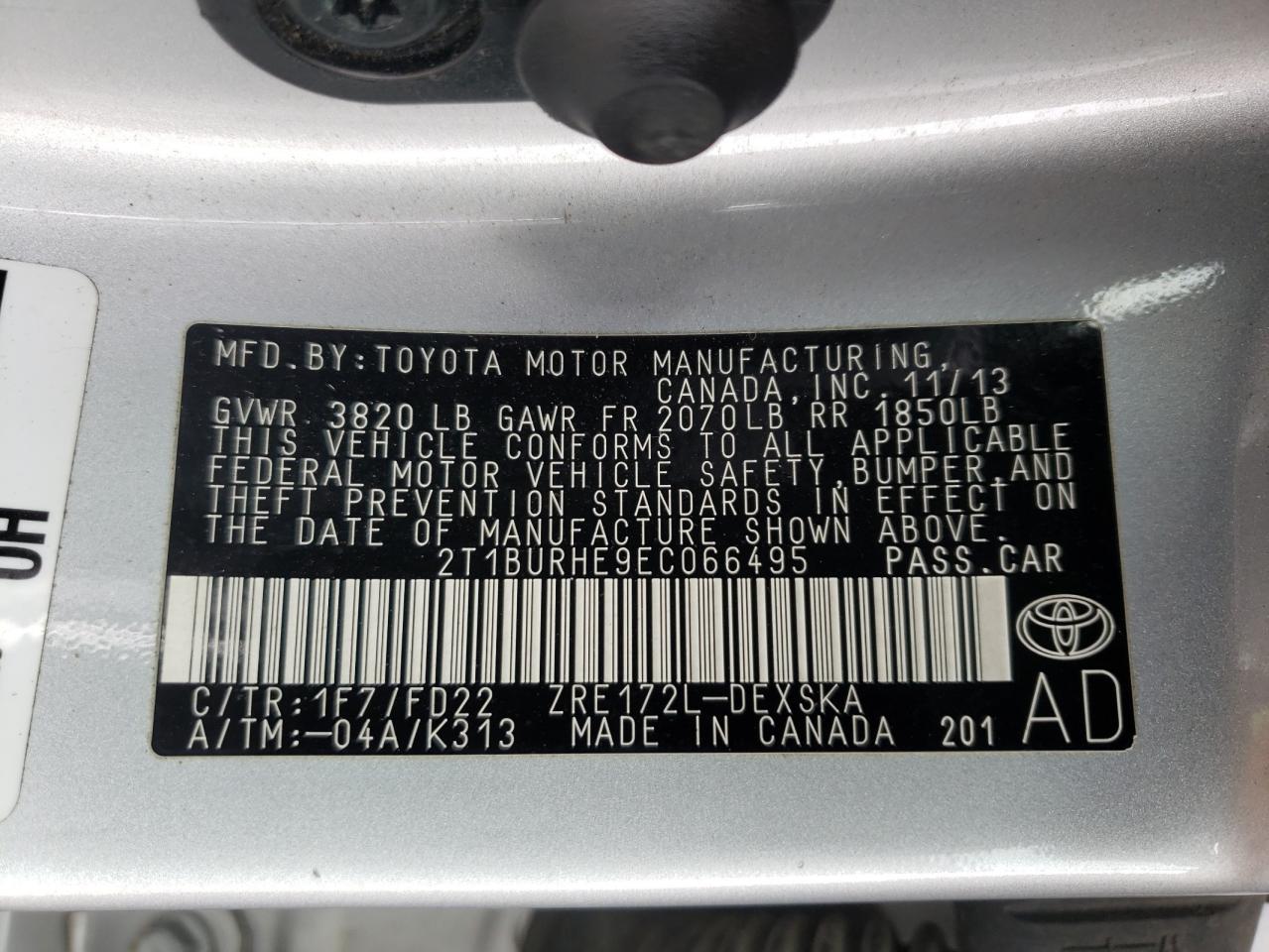 Photo 10 from auction – 2014 TOYOTA COROLLA L with VIN 2T1BURHE9EC066495