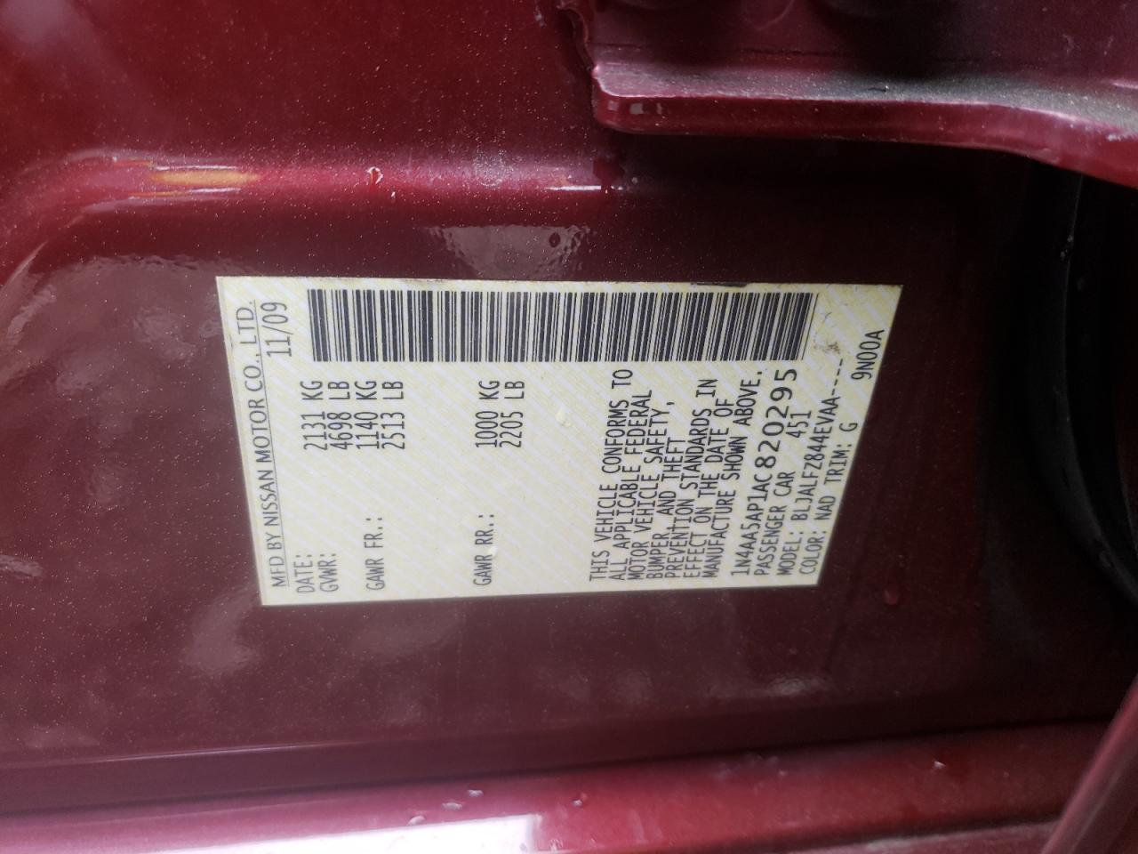 Photo 10 from auction – 2010 NISSAN MAXIMA S with VIN 1N4AA5AP1AC820295