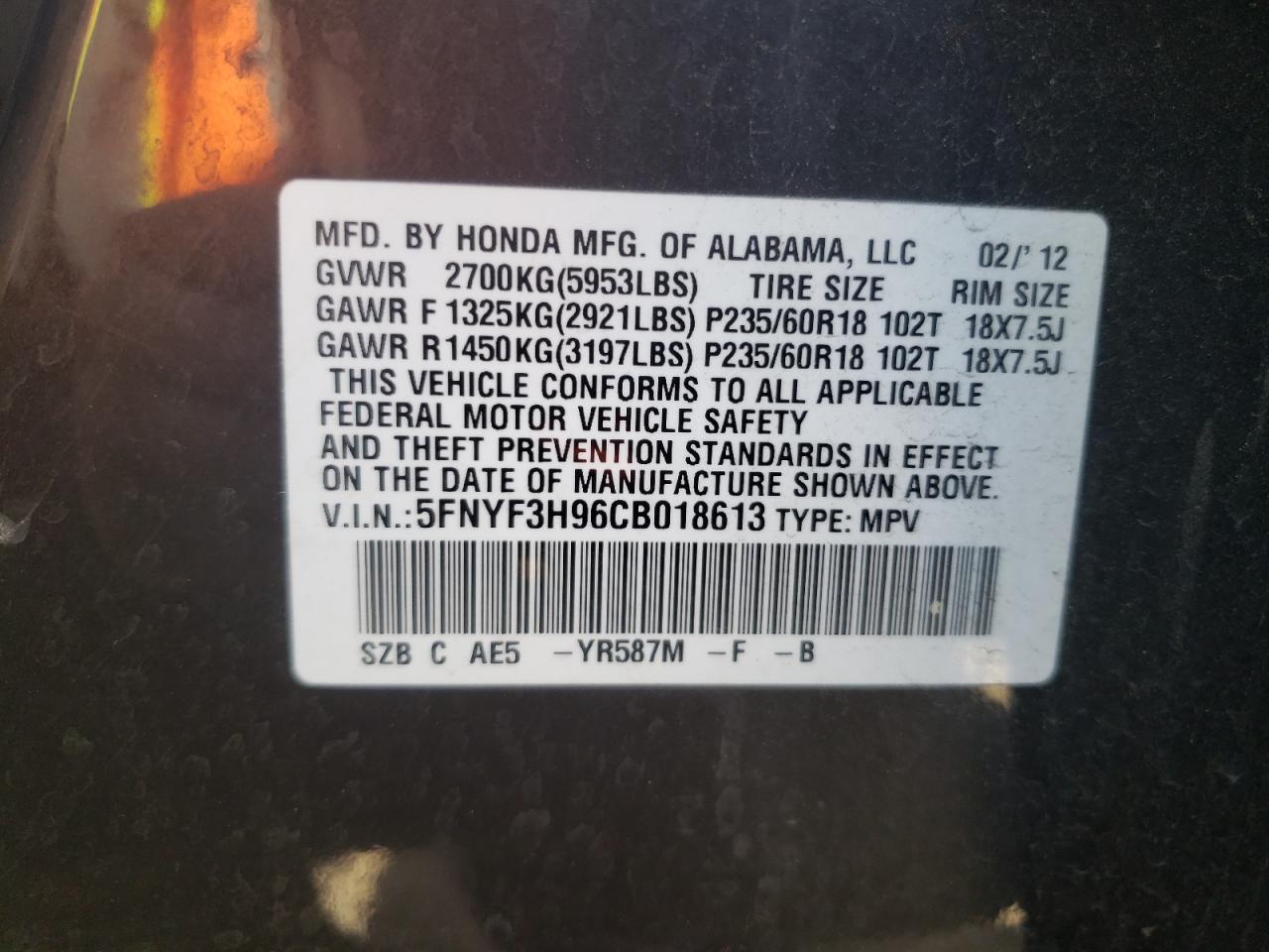 Photo 10 from auction – 2012 HONDA PILOT TOUR with VIN 5FNYF3H96CB018613
