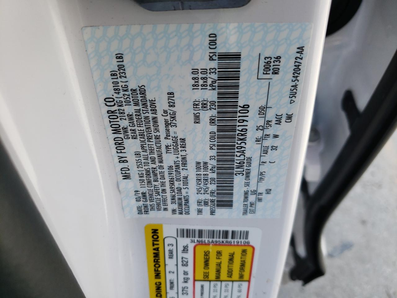 Photo 10 from auction – 2019 LINCOLN MKZ with VIN 3LN6L5A95KR619106