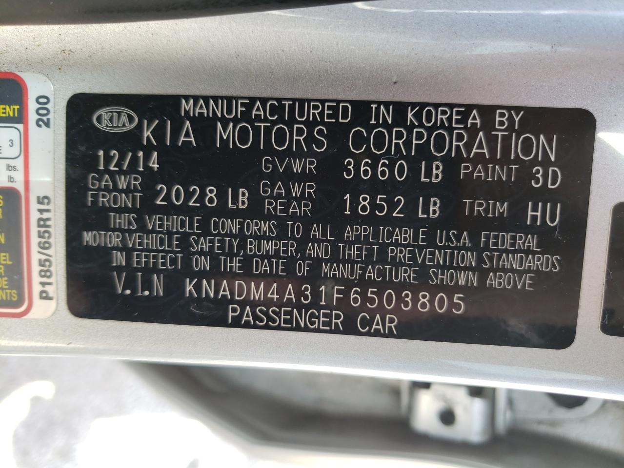 Photo 10 from auction – 2015 KIA RIO LX with VIN KNADM4A31F6503805