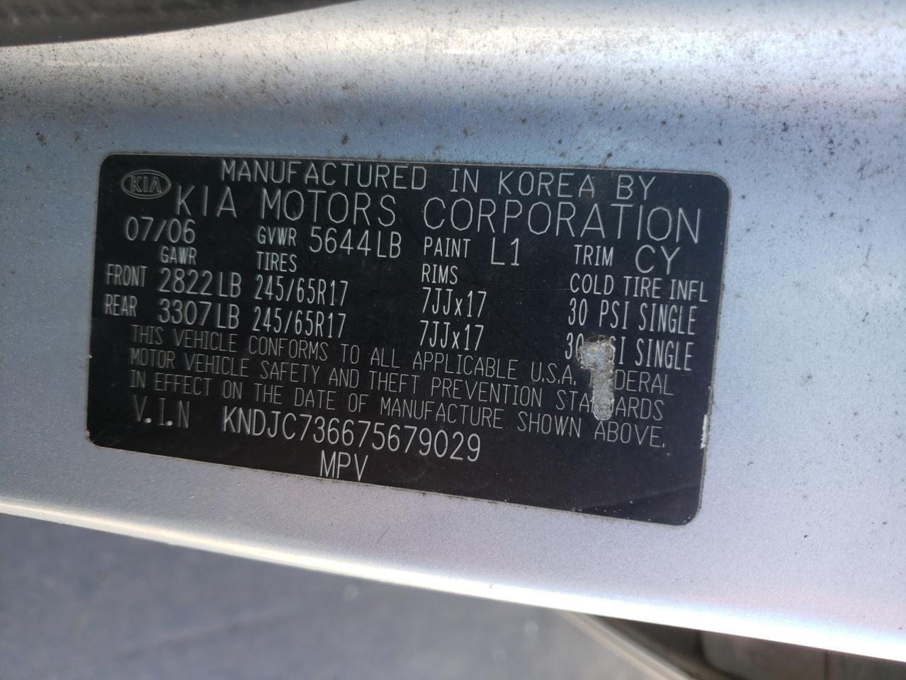 Photo 10 from auction – 2007 KIA SORENTO EX with VIN KNDJC736675679029