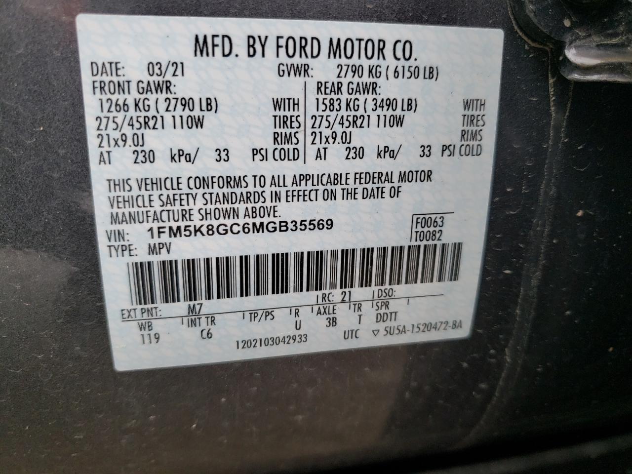 Photo 10 from auction – 2021 FORD EXPLORER S with VIN 1FM5K8GC6MGB35569