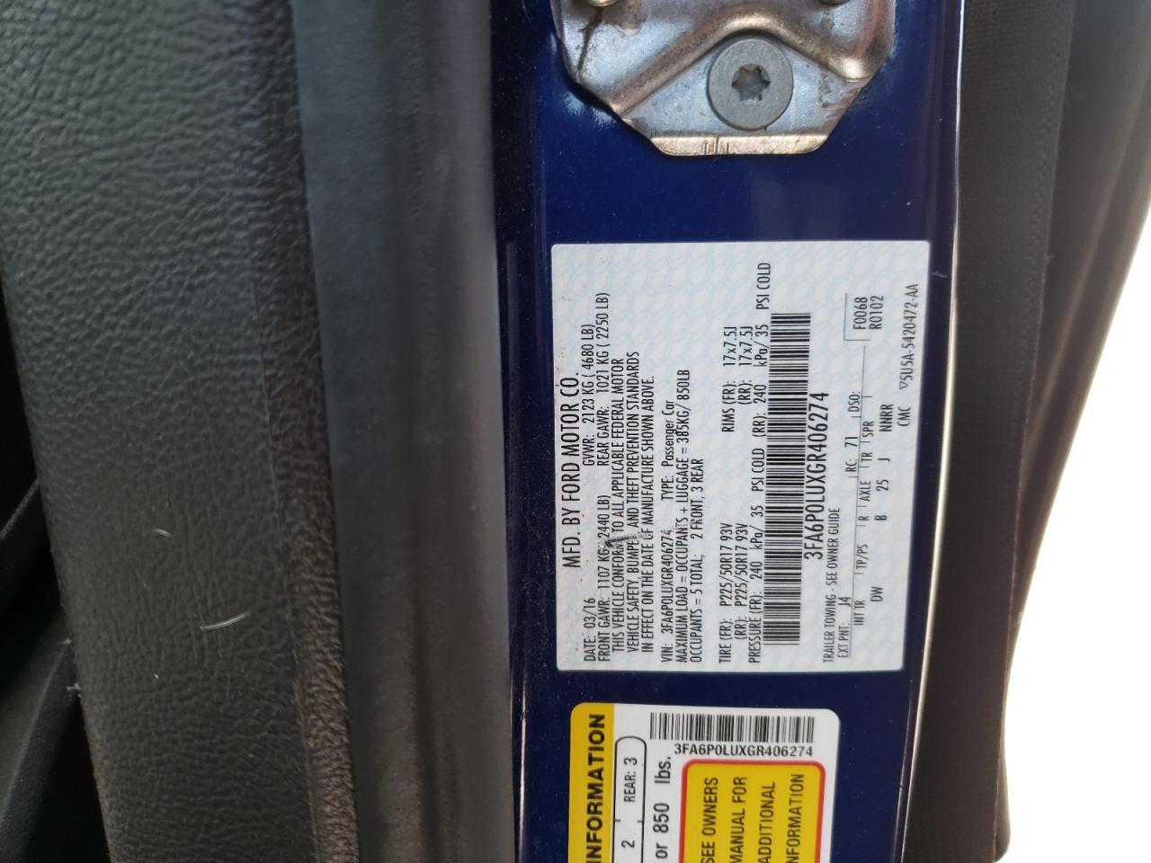 Photo 10 from auction – 2016 FORD FUSION SE with VIN 3FA6P0LUXGR406274