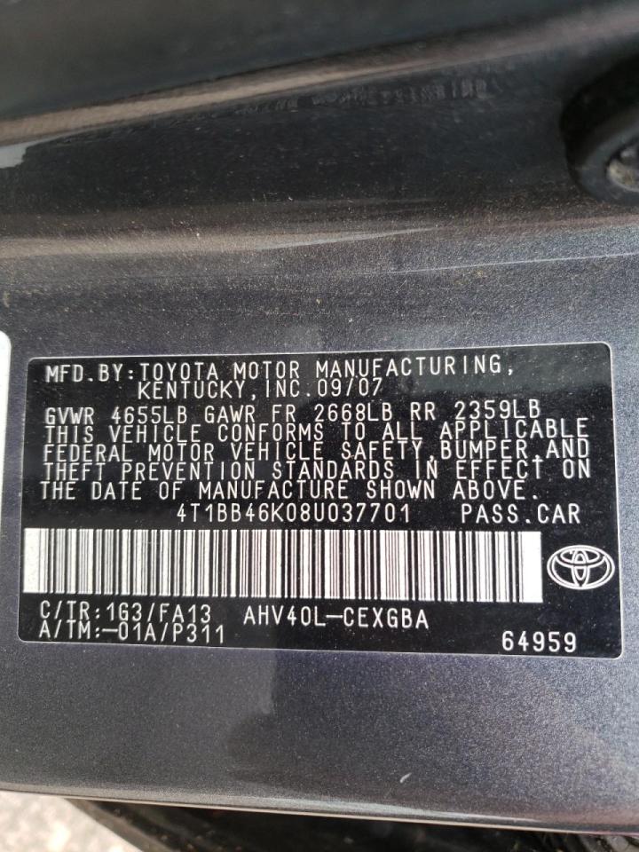 Photo 10 from auction – 2008 TOYOTA CAMRY HYBR with VIN 4T1BB46K08U037701