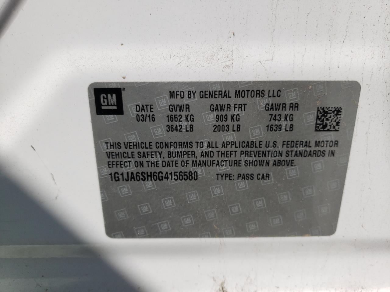 Photo 10 from auction – 2016 CHEVROLET SONIC LS with VIN 1G1JA6SH6G4156580