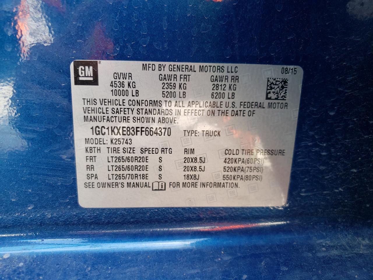 Photo 10 from auction – 2015 CHEVROLET SILVERADO with VIN 1GC1KXE83FF664370
