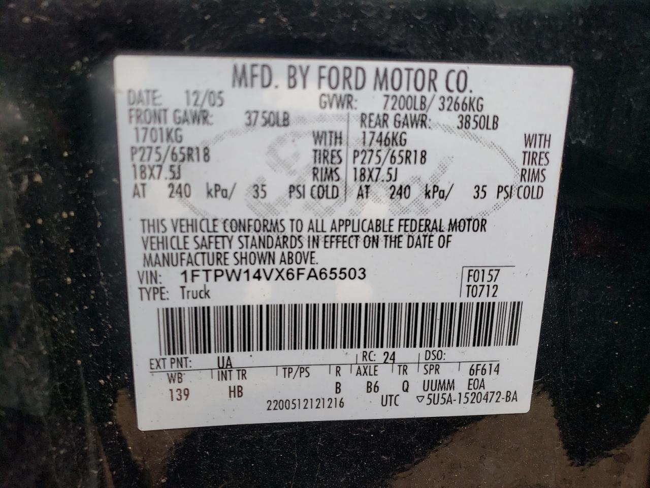 Photo 10 from auction – 2006 FORD F150 SUPER with VIN 1FTPW14VX6FA65503