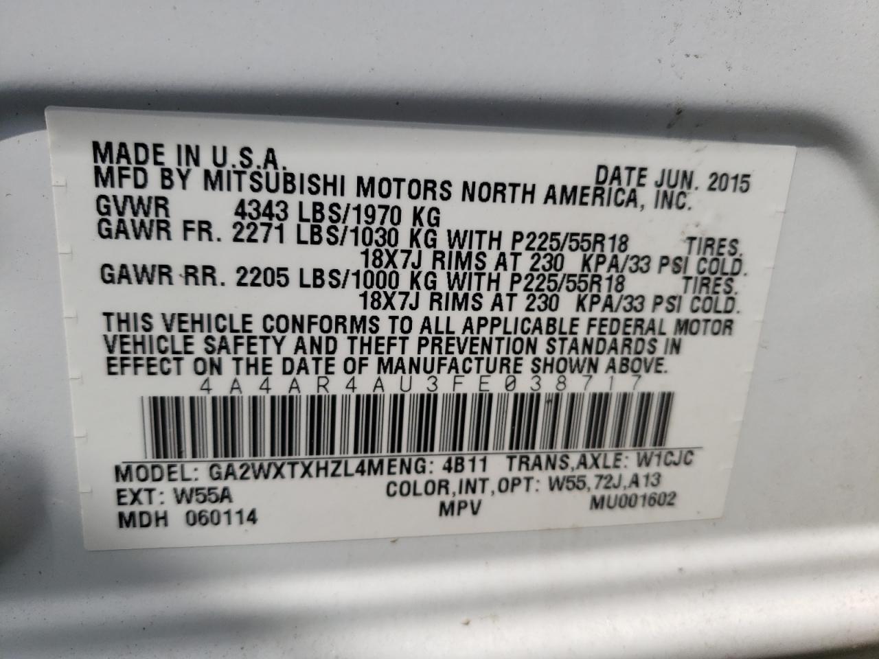 Photo 10 from auction – 2015 MITSUBISHI OUTLANDER with VIN 4A4AR4AU3FE038717