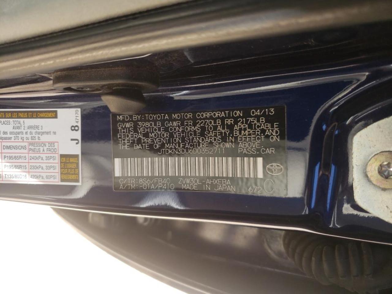 Photo 10 from auction – 2013 TOYOTA PRIUS with VIN JTDKN3DU6D0352711