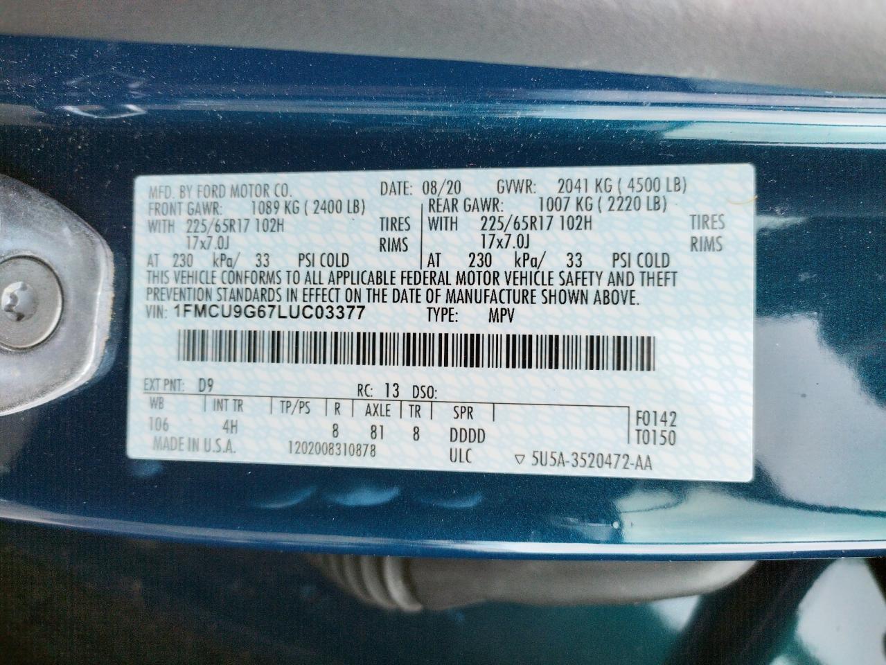 Photo 10 from auction – 2020 FORD ESCAPE SE with VIN 1FMCU9G67LUC03377