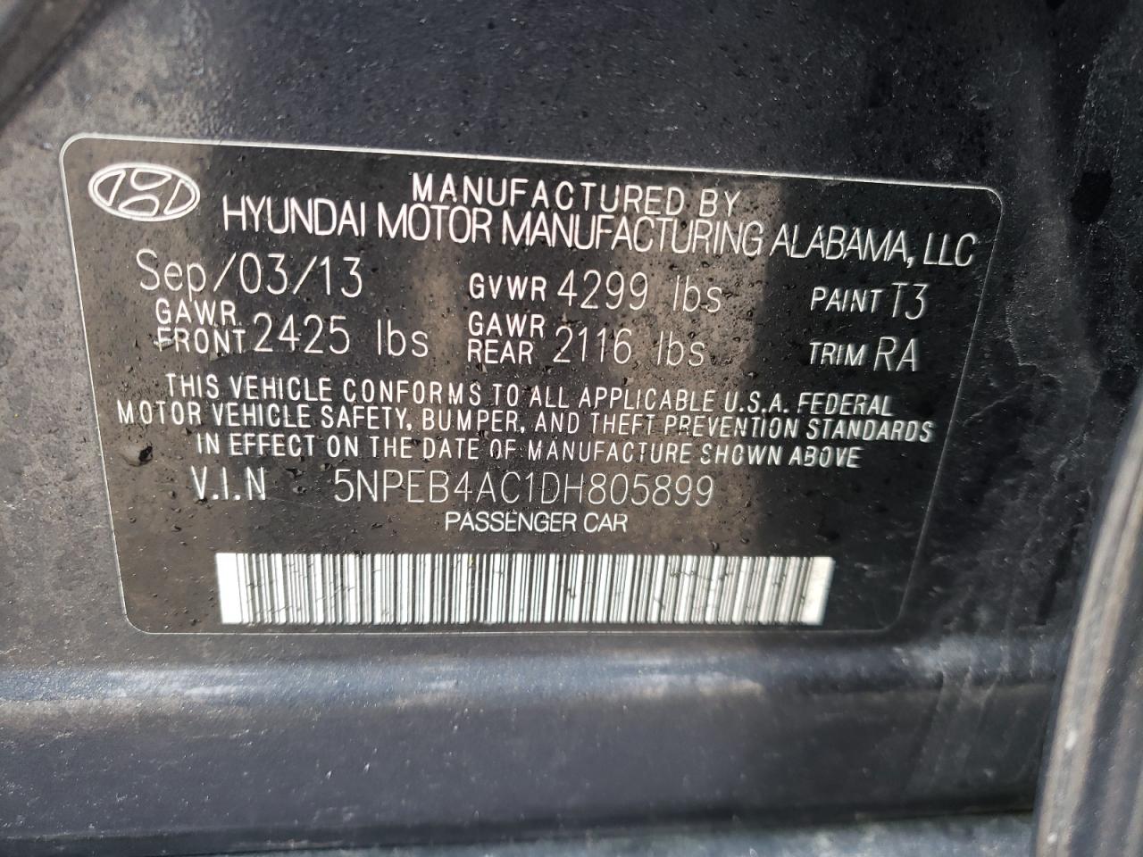 Photo 10 from auction – 2013 HYUNDAI SONATA GLS with VIN 5NPEB4AC1DH805899