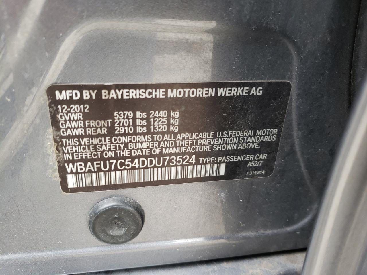 Photo 10 from auction – 2013 BMW 535 XI with VIN WBAFU7C54DDU73524