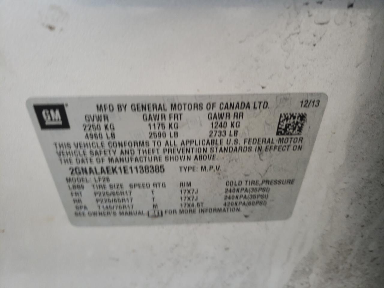 Photo 10 from auction – 2014 CHEVROLET EQUINOX LS with VIN 2GNALAEK1E1138385