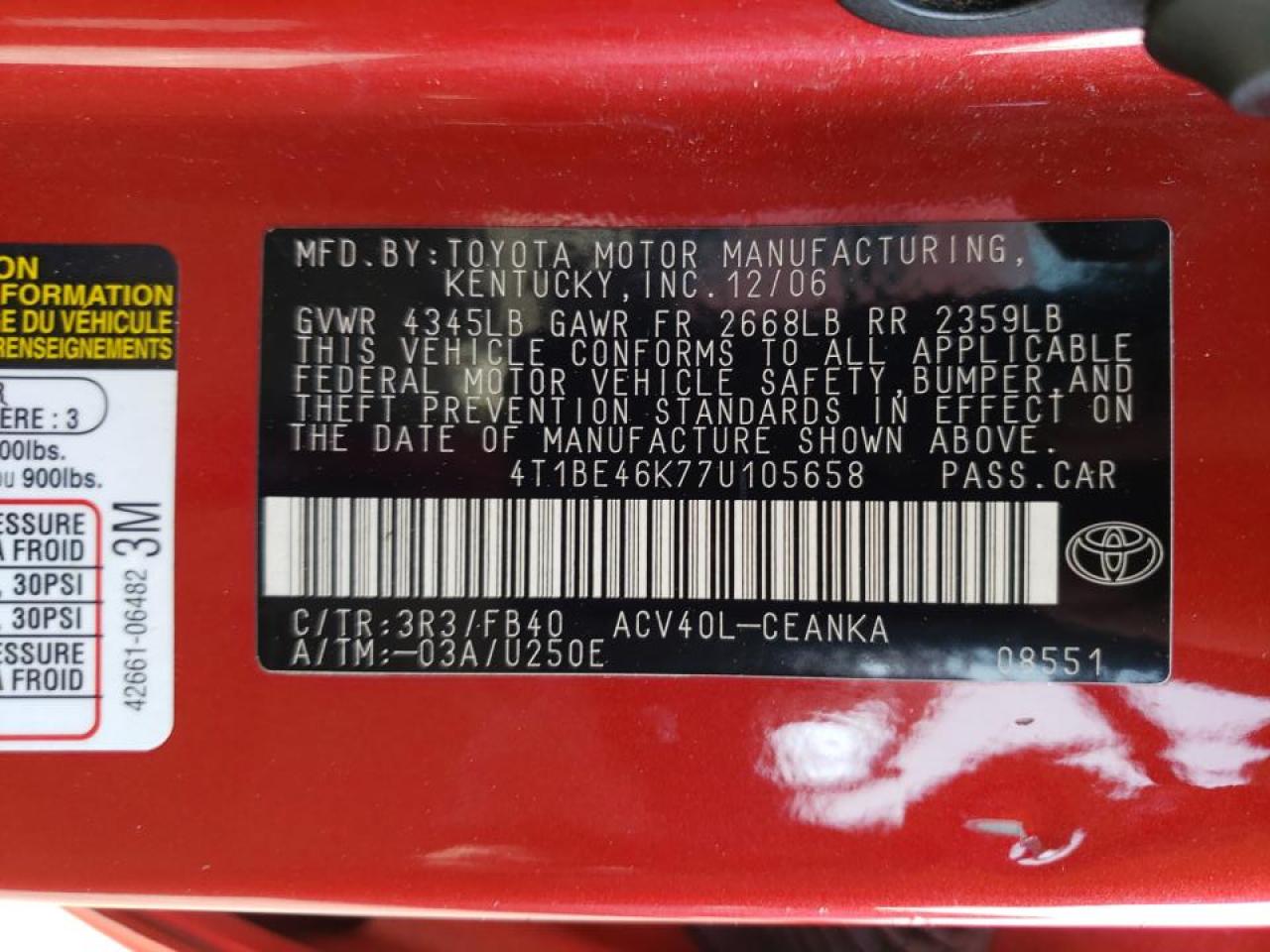 Photo 10 from auction – 2007 TOYOTA CAMRY CE with VIN 4T1BE46K77U105658