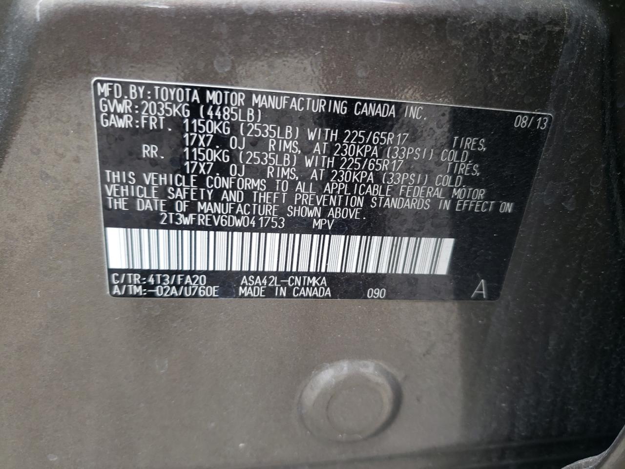 Photo 10 from auction – 2013 TOYOTA RAV4 XLE with VIN 2T3WFREV6DW041753
