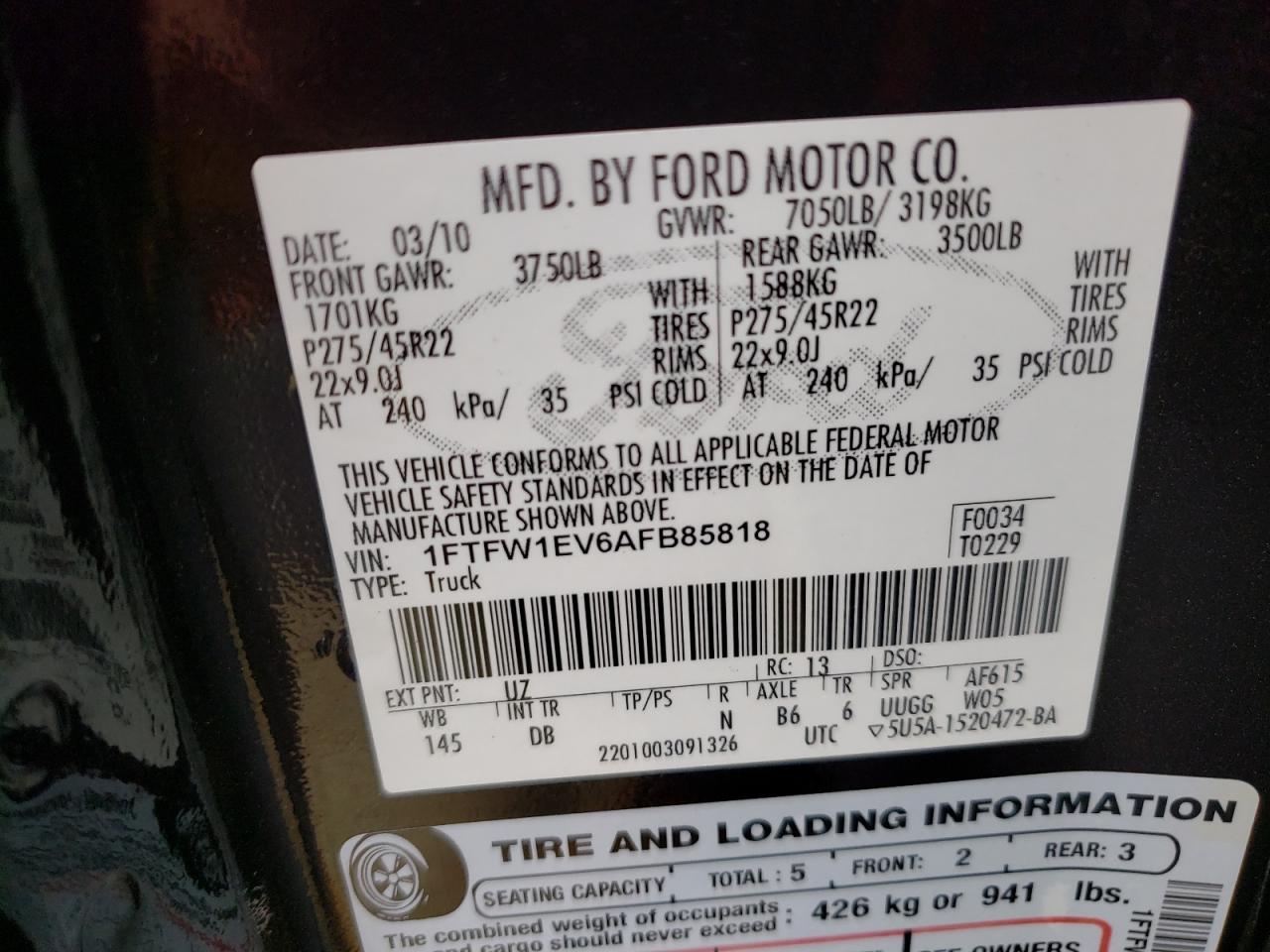Photo 10 from auction – 2010 FORD F150 SUPER with VIN 1FTFW1EV6AFB85818
