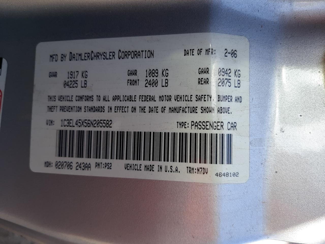 Photo 10 from auction – 2006 CHRYSLER SEBRING with VIN 1C3EL45X56N205582