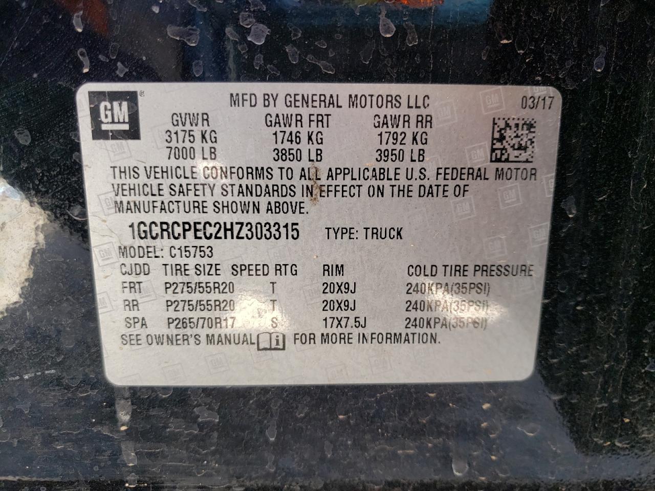 Photo 10 from auction – 2017 CHEVROLET SILVERADO with VIN 1GCRCPEC2HZ303315
