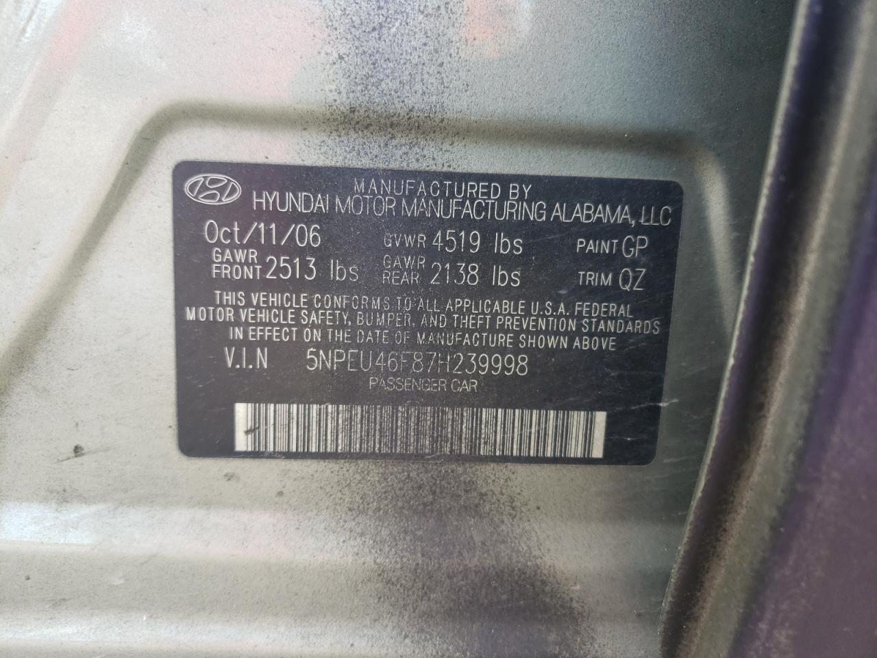 Photo 10 from auction – 2007 HYUNDAI SONATA SE with VIN 5NPEU46F87H239998