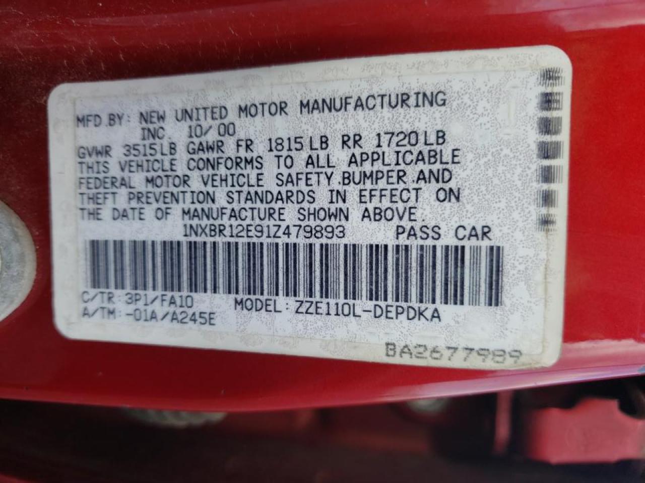 Photo 10 from auction – 2001 TOYOTA COROLLA CE with VIN 1NXBR12E91Z479893