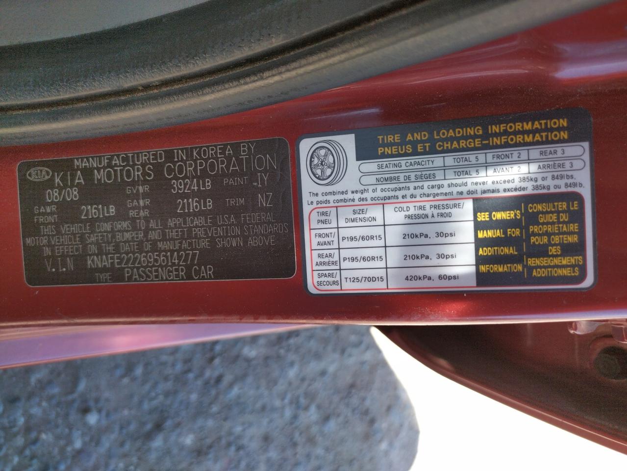 Photo 10 from auction – 2009 KIA SPECTRA EX with VIN KNAFE222695614277
