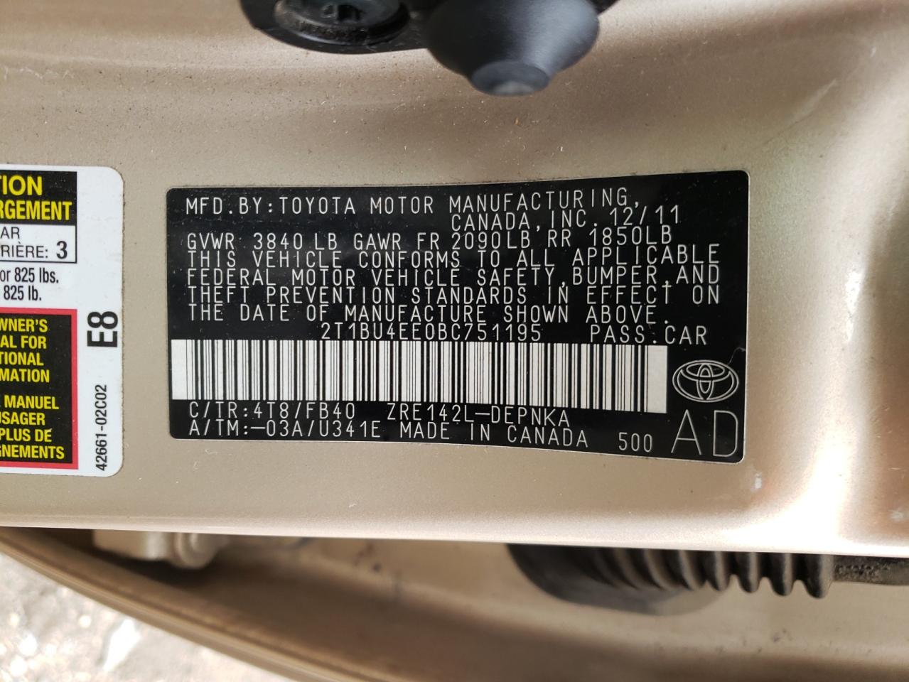 Photo 10 from auction – 2011 TOYOTA COROLLA BA with VIN 2T1BU4EE0BC751195