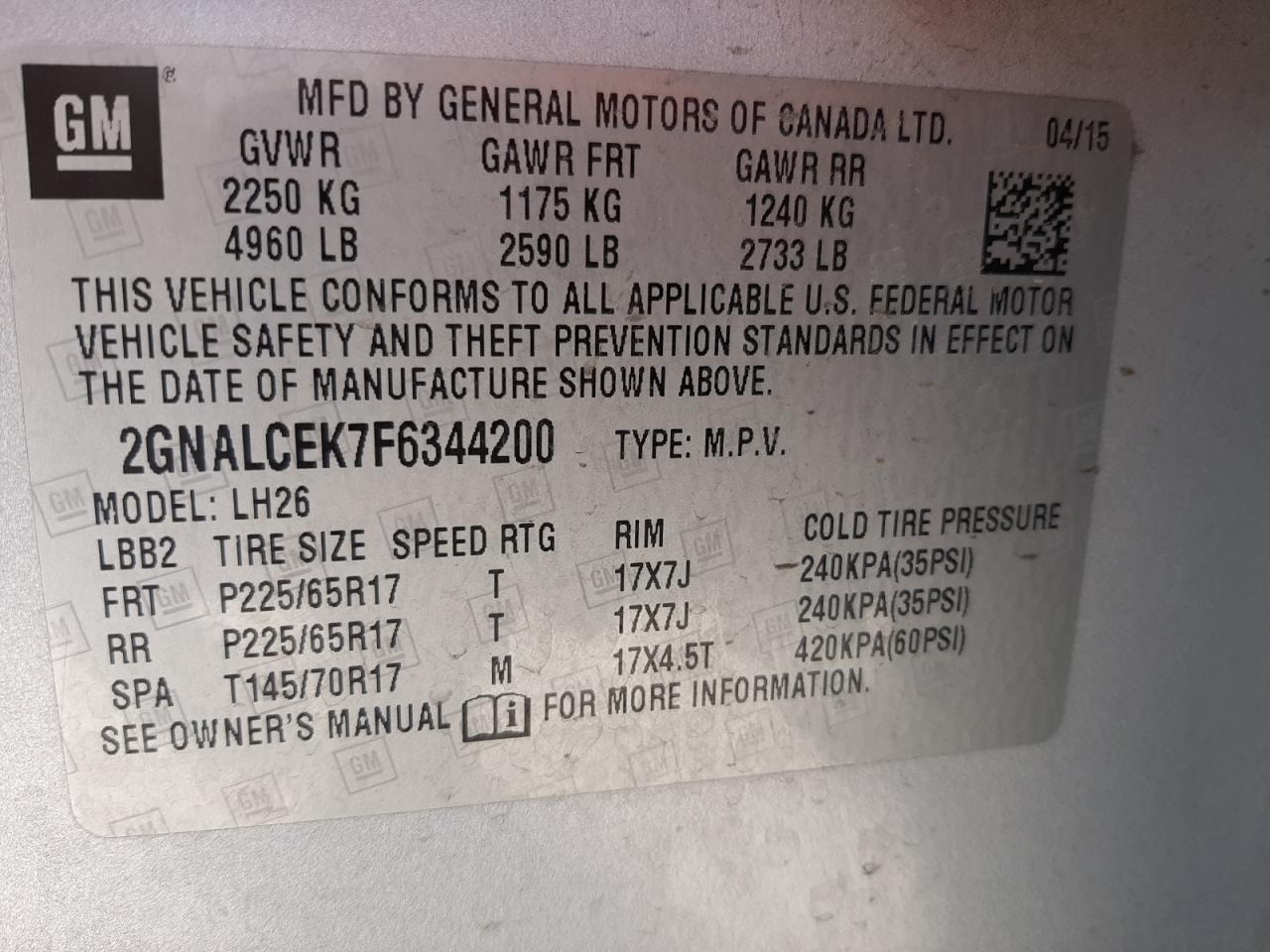 Photo 10 from auction – 2015 CHEVROLET EQUINOX LT with VIN 2GNALCEK7F6344200