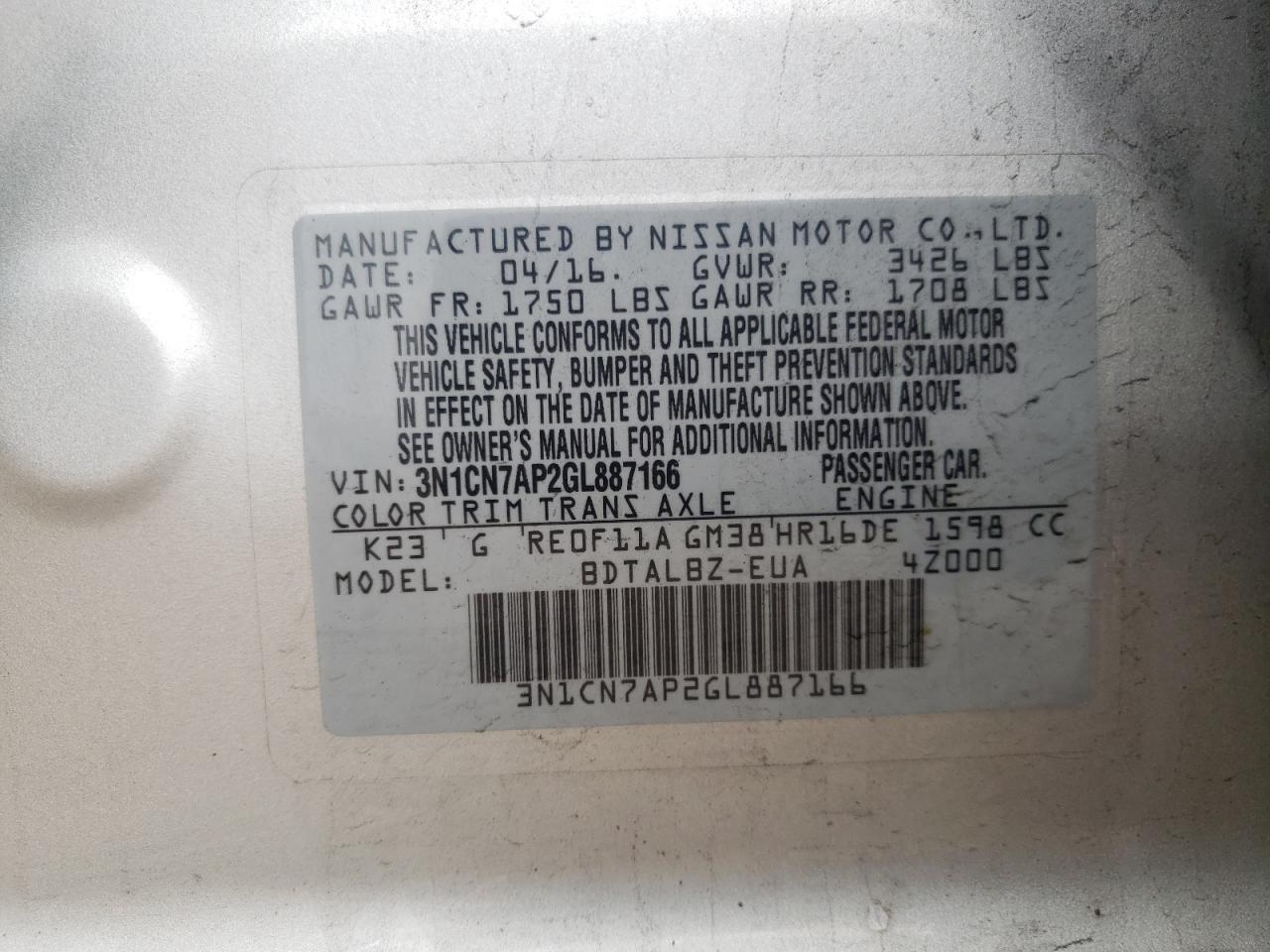 Foto 10 de la subasta – 2016 NISSAN VERSA S con VIN 3N1CN7AP2GL887166