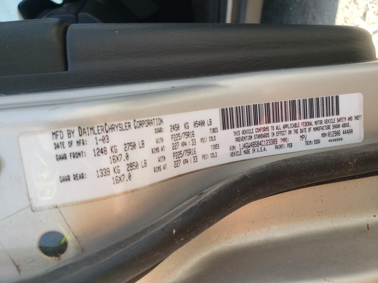 Photo 10 from auction – 2004 JEEP GRAND CHER with VIN 1J4GW48S84C123389