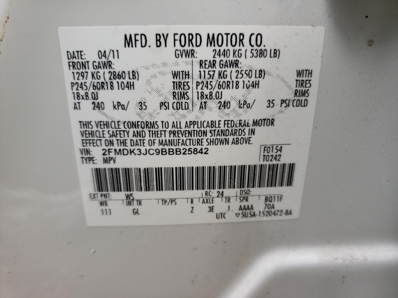 Photo 10 from auction – 2011 FORD EDGE SEL with VIN 2FMDK3JC9BBB25842