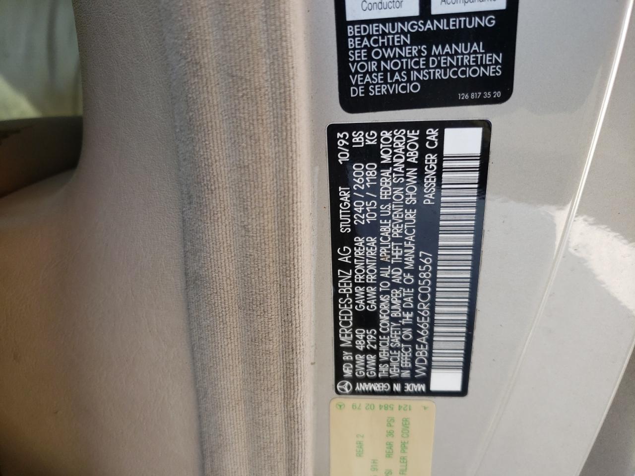 Photo 10 from auction – 1994 MERCEDES-BENZ E 320 with VIN WDBEA66E6RC058567