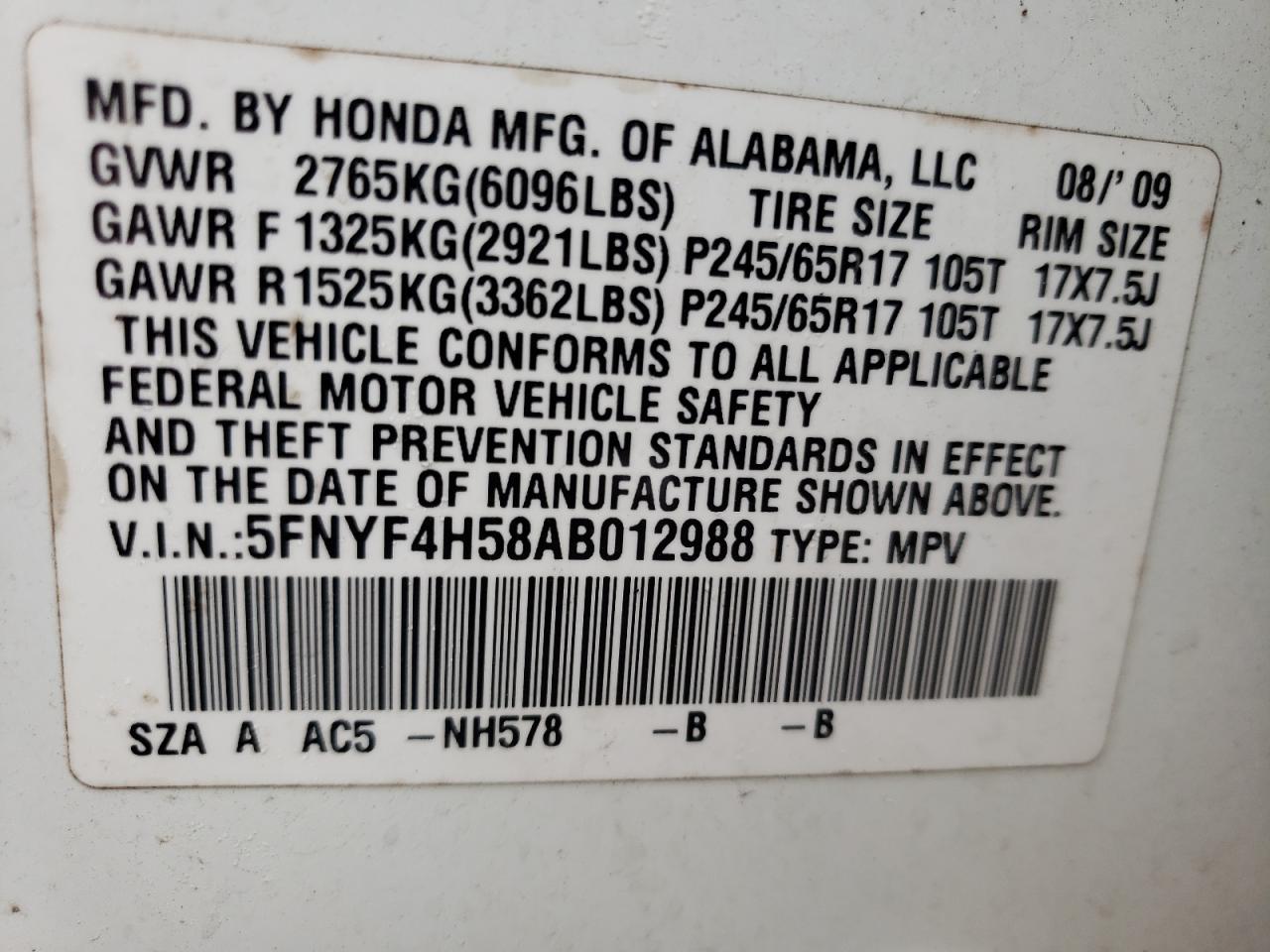Photo 10 from auction – 2010 HONDA PILOT EXL with VIN 5FNYF4H58AB012988