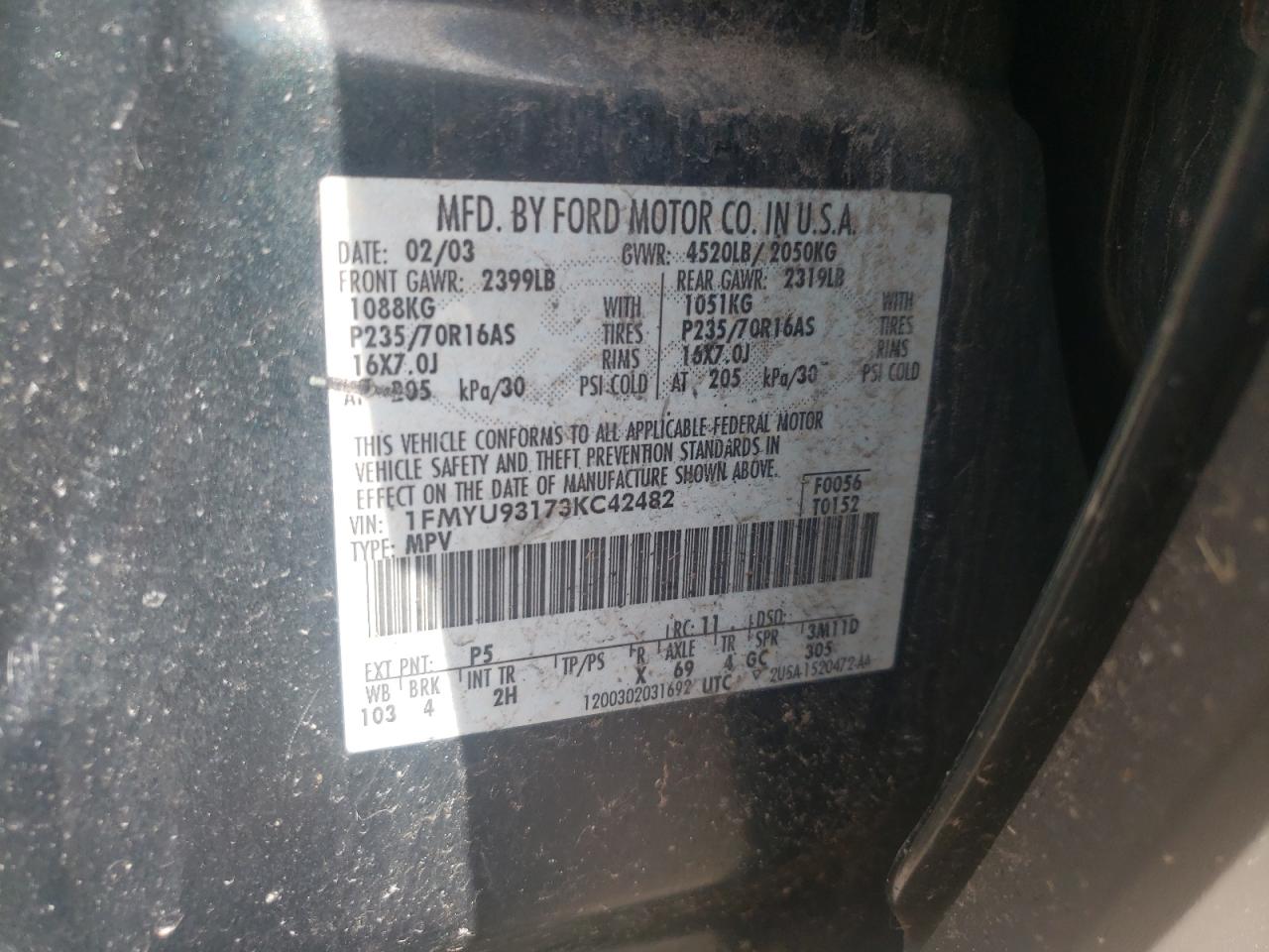 Photo 10 from auction – 2003 FORD ESCAPE XLT with VIN 1FMYU93173KC42482