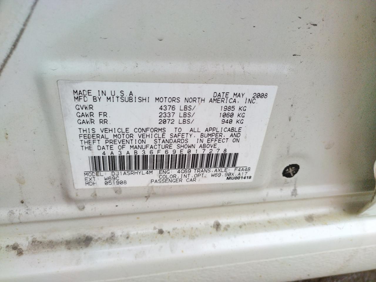 Photo 10 from auction – 2009 MITSUBISHI GALANT ES with VIN 4A3AB36F69E017278